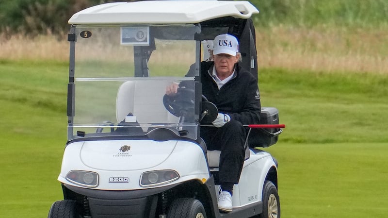 President Donald Trump plays a round of golf at Trump Turnberry golf course during his visit to the UK on July 27, 2025 in Turnberry, Scotland.