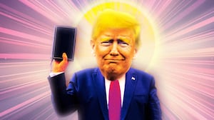 A photo illustration of Donald Trump holding up a Bible.
