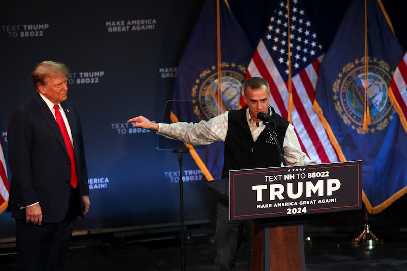 Corey Lewandowski speaks at a rally held by Trump ahead of the New Hampshire presidential primary election in Rochester, New Hampshire, U.S., January 21, 2024.