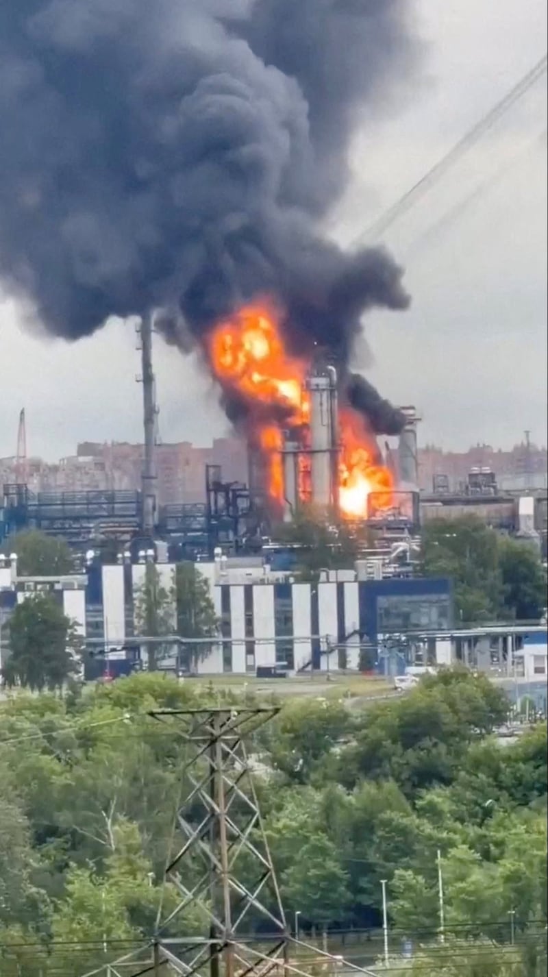 Flames and smoke rise from a facility at an oil refinery following a Ukrainian drone attack, in Moscow, Russia, June 16, 2026, in this screen grab taken from a social media video.
