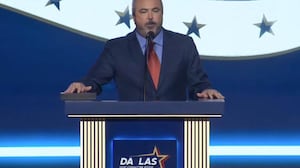The 'L' falls off the 'Dallas' sign at the Republican Convention RNC chairman a Joe Gruters speaks.