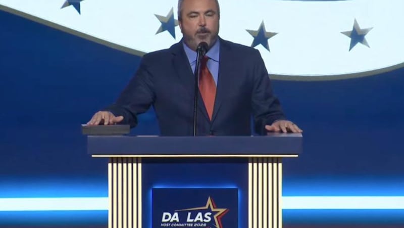 The 'L' falls off the 'Dallas' sign at the Republican Convention RNC chairman a Joe Gruters speaks.