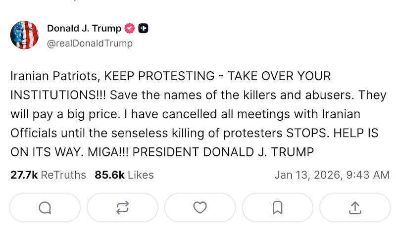 A Truth Social post from January 13, at 9:43 a.m., from President Donald Trump promising Iranian protesters that help was "on the way."