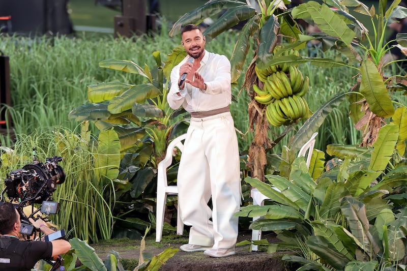 SANTA CLARA, CALIFORNIA - FEBRUARY 08: Ricky Martin performs with Bad Bunny onstage during the Apple Music Super Bowl LX Halftime Show at Levi's Stadium on February 08, 2026 in Santa Clara, California. (Photo by Neilson Barnard/Getty Images)