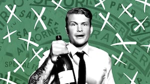 Pete Hegseth holding a bottle with a background army tabs crossed out.