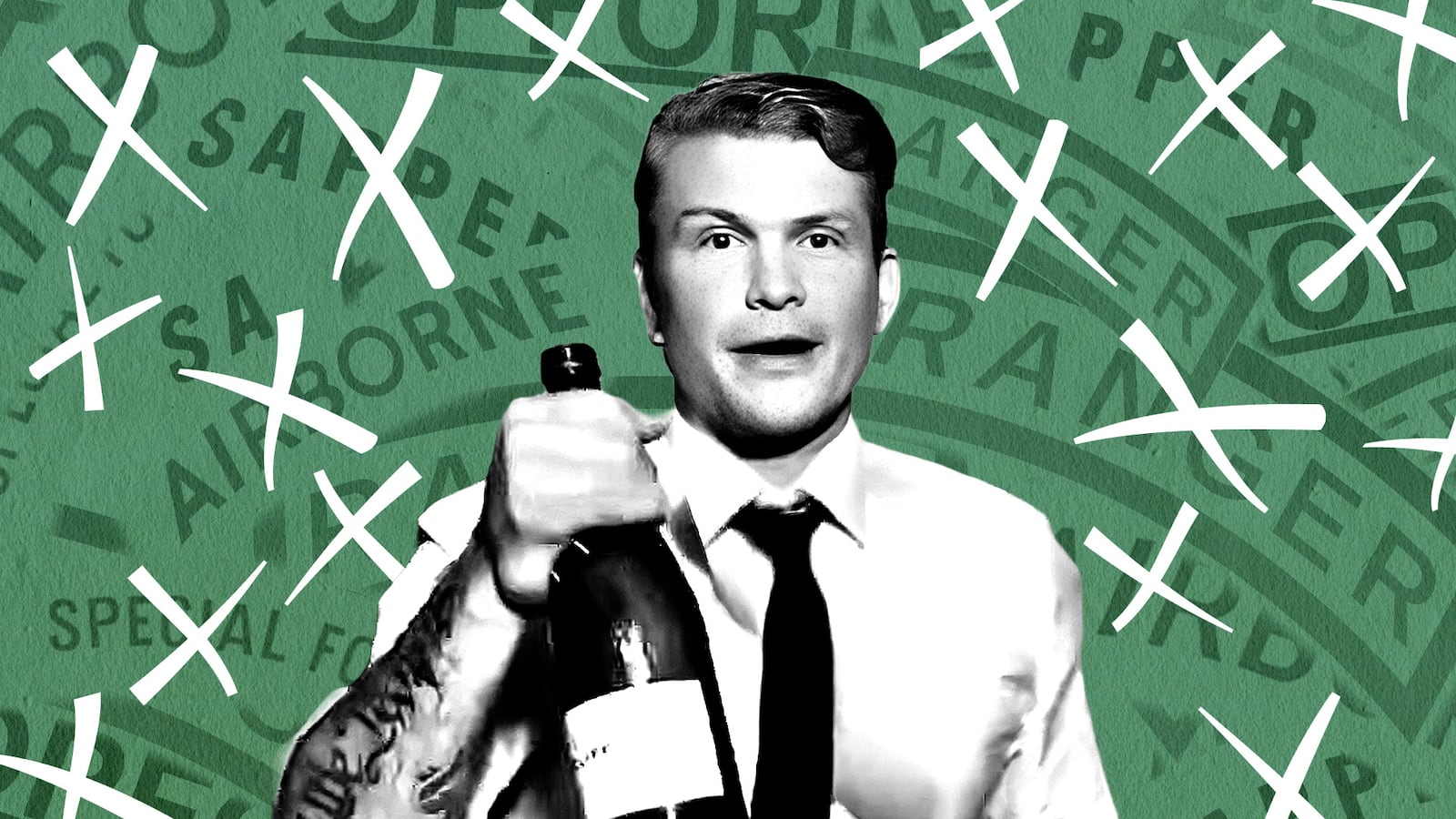 Pete Hegseth holding a bottle with a background army tabs crossed out.