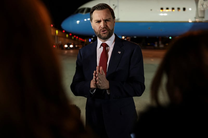 U.S. Vice President JD Vance speaks to the media before boarding Air Force Two to return to Washington, D.C., after the White House announced he would be leading the U.S. delegation in upcoming peace talks with Iran, from Budapest Ferenc Liszt International Airport in Budapest, Hungary, April 8, 2026. REUTERS/Jonathan Ernst/Pool