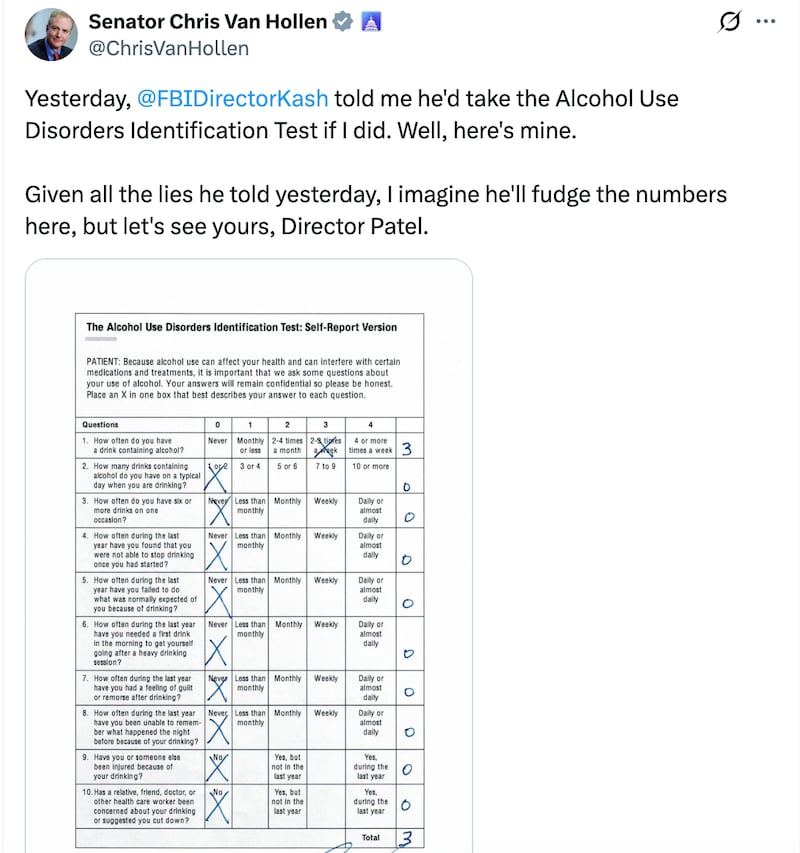Democratic Sen. Chris Van Hollen challenges FBI Director Kash Patel to take an alcohol assessment he agreed to do if the senator did.