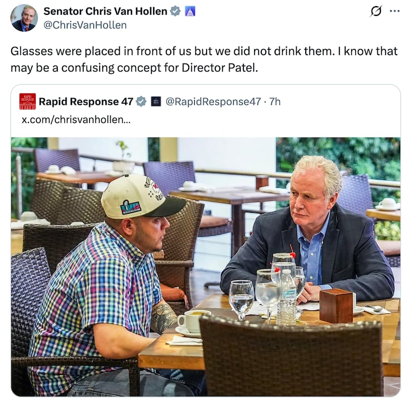 An official White House account shared an image of Van Hollen "drinking" with Kilmar Abrego Garcia.