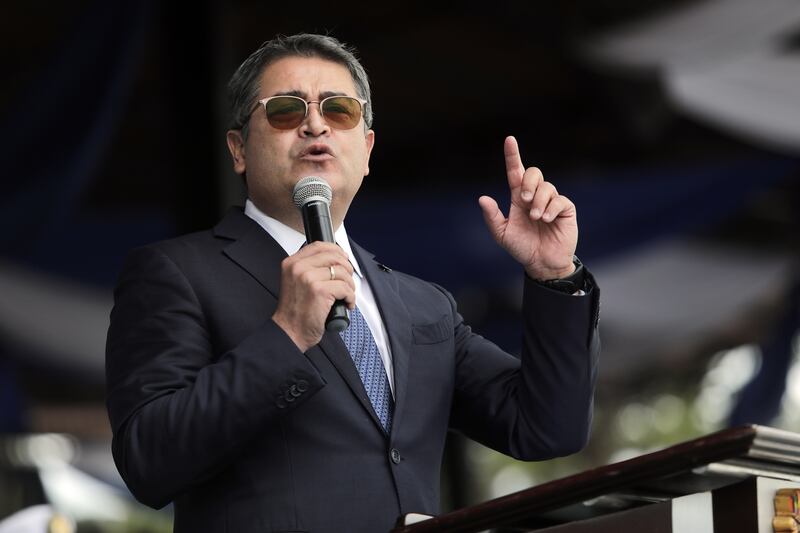 TEGUCIGALPA, HONDURAS - DECEMBER 10: Honduran President Juan Orlando Hernandez participates in the Ceremony of the 196th Anniversary of the Army, awarding of decorations, Military Distinctions and Promotions of Officers of the Armed Forces in Tegucigalpa Honduras December 10,2021 (Photo by Jorge Cabrera/Anadolu Agency via Getty Images)