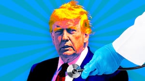 A photo illustration illo of Donald Trump and a stethoscope.