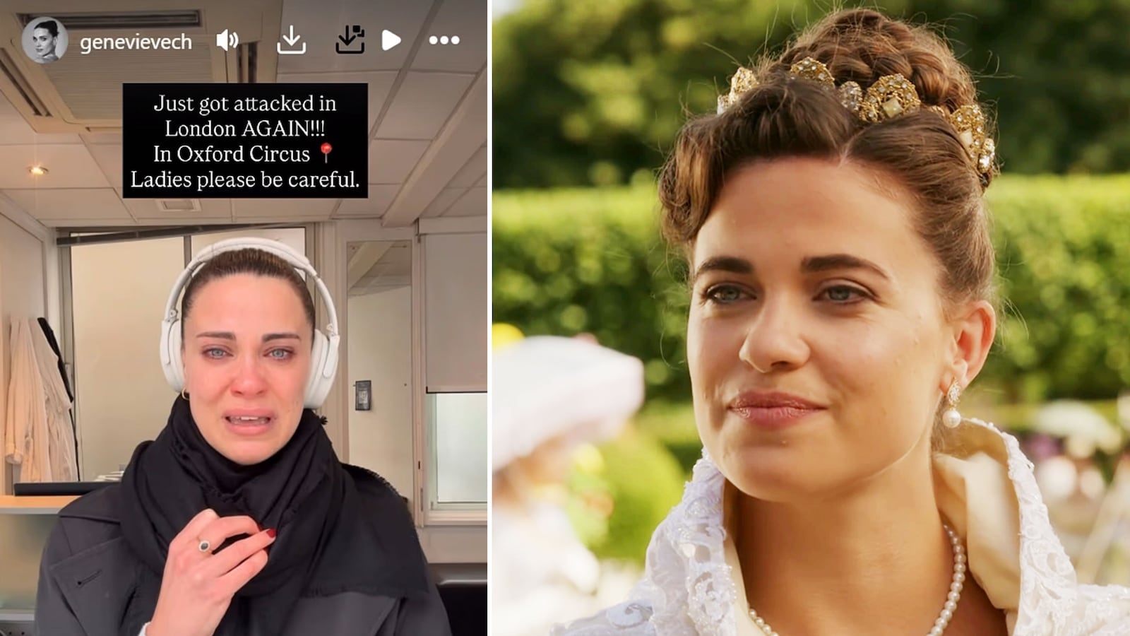 Bridgerton star Genevieve Chenneour both in the show and from her Instagram story about being mugged