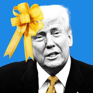 Donald Trump with a gold bow on his head on a blue background