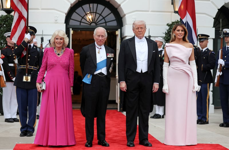 U.S. President Donald Trump, first lady Melania Trump, Britain's King Charles and Queen Camilla stand together ahead of a state dinner at the White House in Washington, D.C., U.S., April 28, 2026.