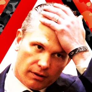Illo illustration of Pete Hegseth in warning signs with camouflage