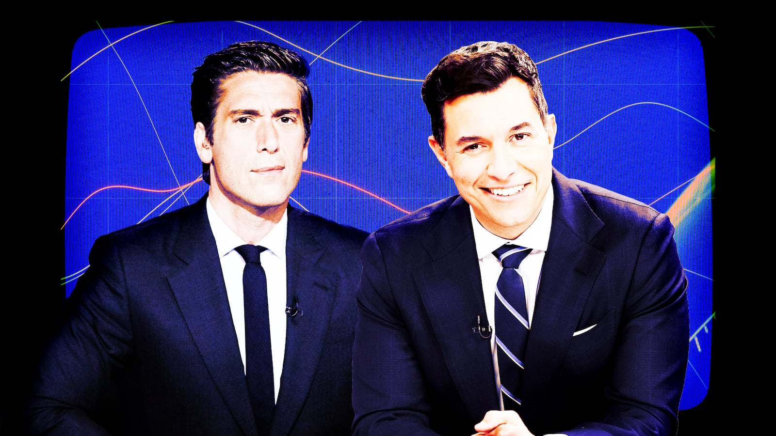 A photo illustration of David Muir of ABC World News Tonight and Tom Llamas of NBC's Nightly News and a television screen background.