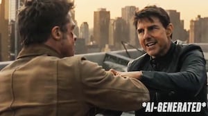 A screen grab from a AI-generated clip featuring Tom Cruise and Brad Pitt fighting.