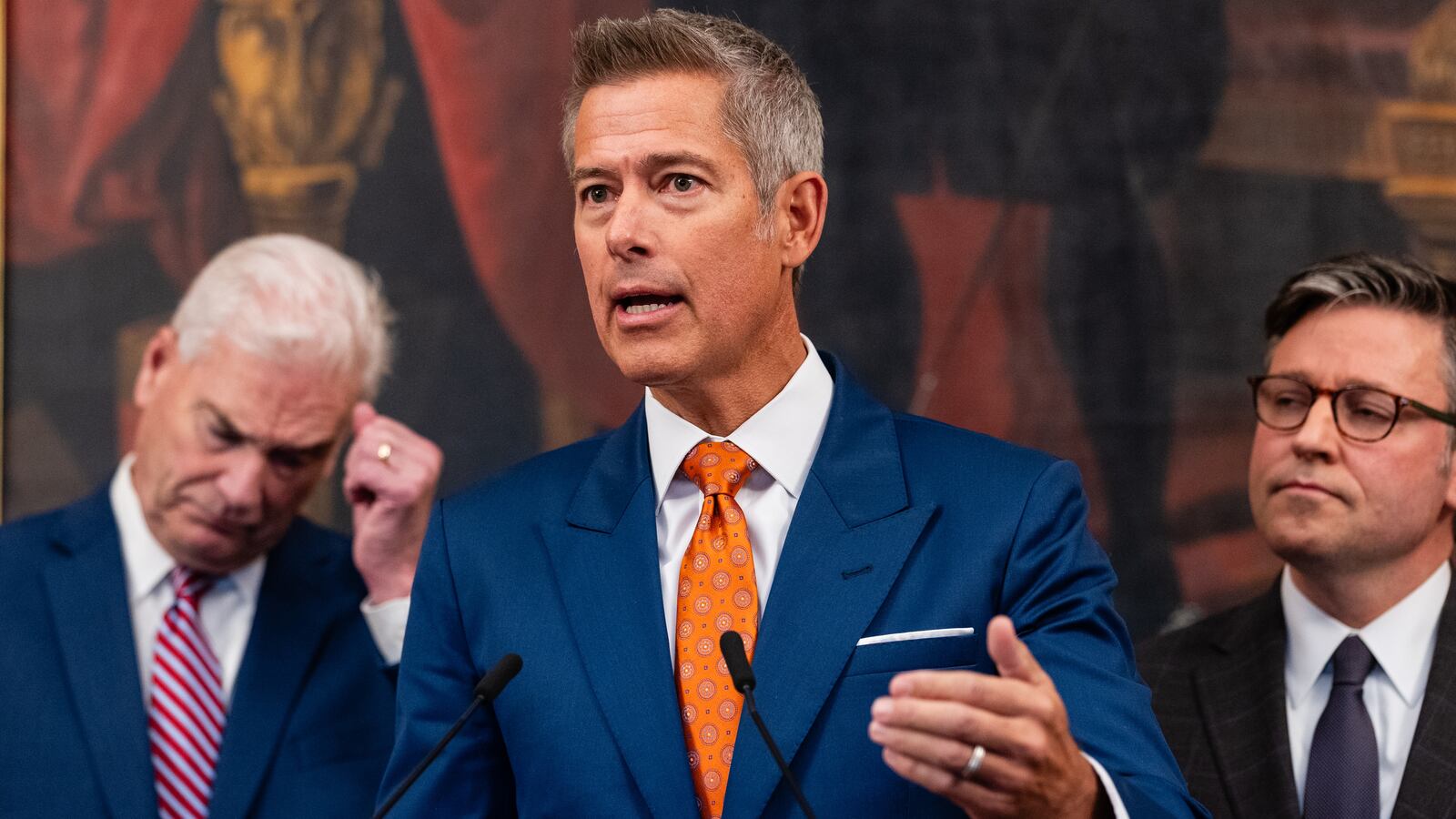 WASHINGTON, DC - OCTOBER 23: U.S. Secretary of Transportation Sean Duffy speaks alongside Representative Tom Emmer (R-MN) and U.S. Speaker of the House Mike Johnson (R-LA) during a press conference on air traffic controller pay and the government shutdown at the U.S. Capitol on October 23, 2025 in Washington, DC. The shutdown enters its fourth week, becoming the second longest government shutdown in history.
