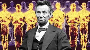 A photo illustration of Abraham Lincoln in front of Oscar statues.