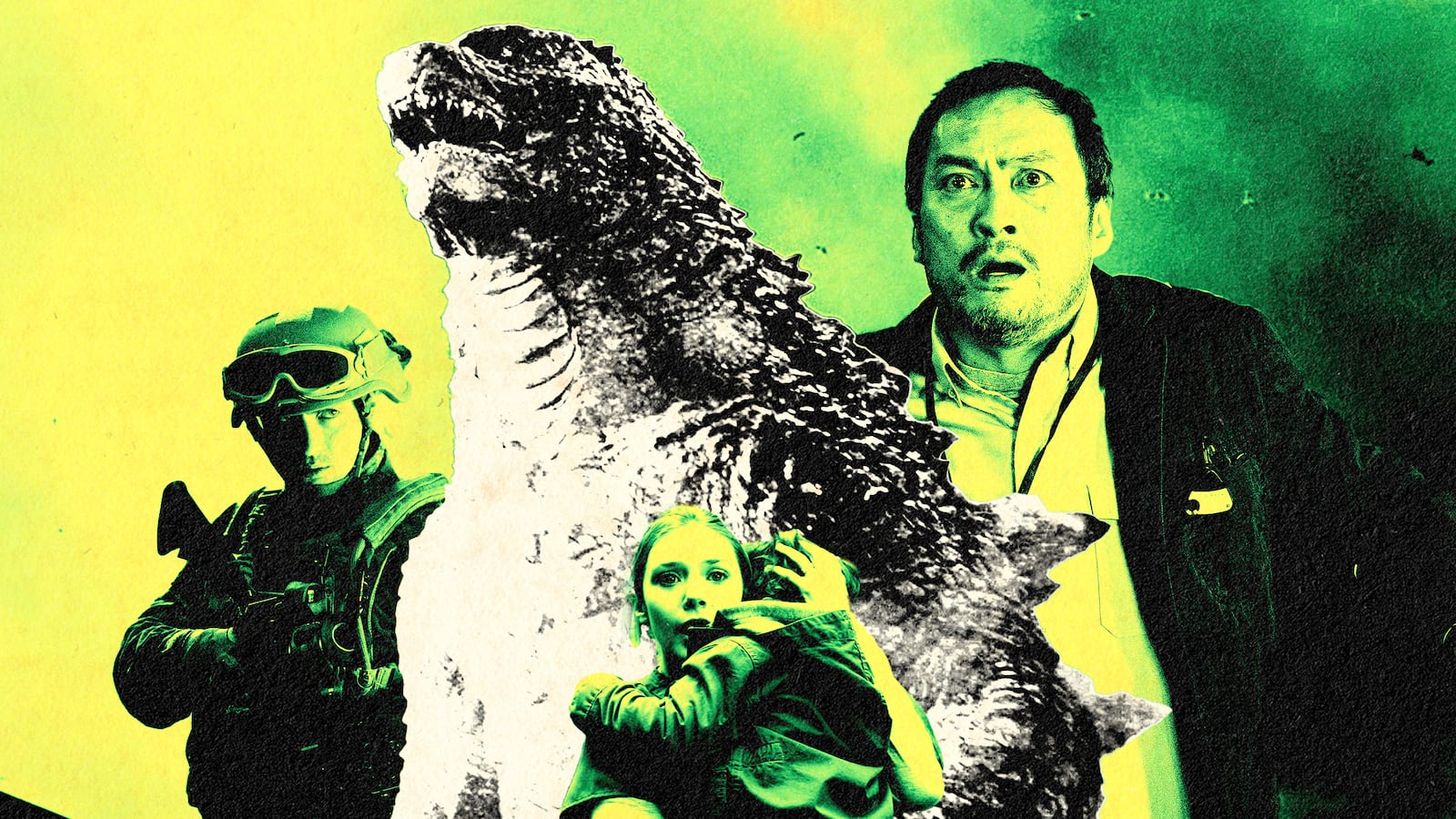 A photo illustration of stills from 2014’s ‘Godzilla’