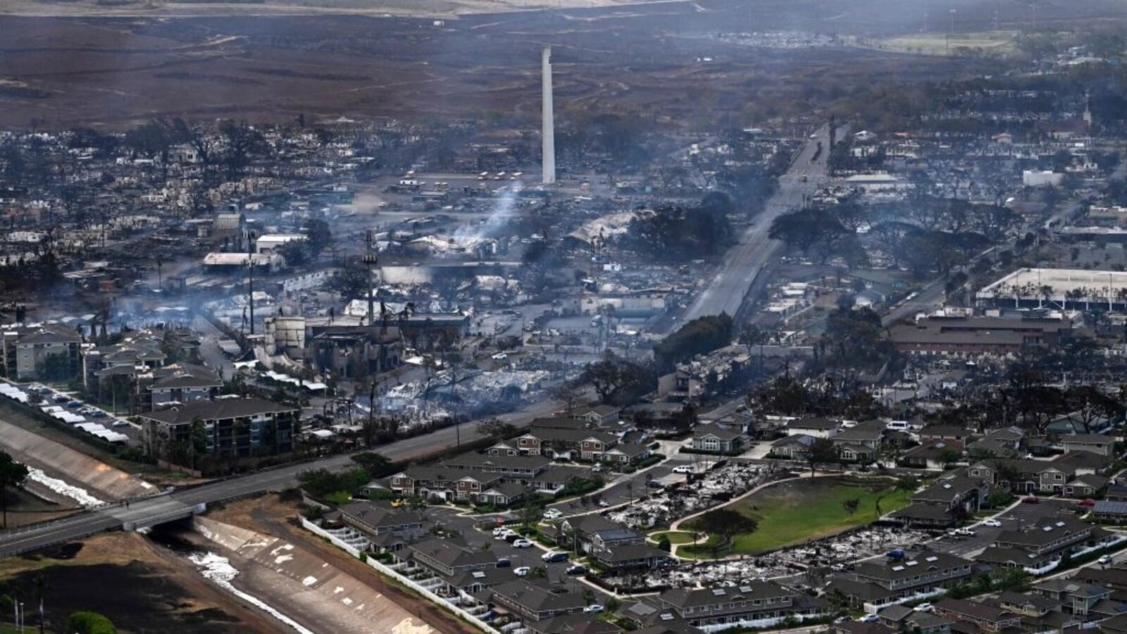 An aerial image taken on Aug. 10, 2023, shows destroyed homes and buildings burned to the ground in Lahaina in the aftermath of wildfires in western Maui, Hawaii.