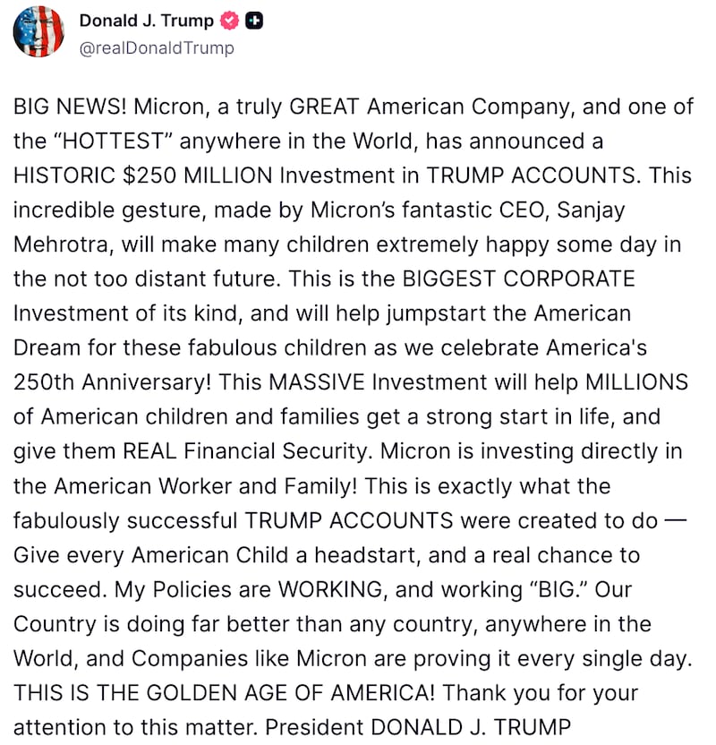 Trump Truth Social post about Trump Accounts