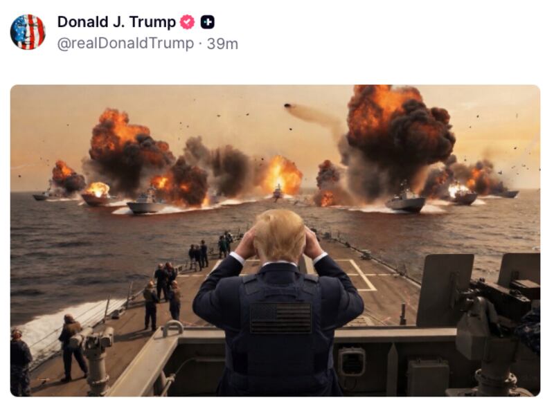 An AI-generated image where Trump appears to show himself watching a massive naval assault from the deck of a warship as explosions erupt across the ocean before him.