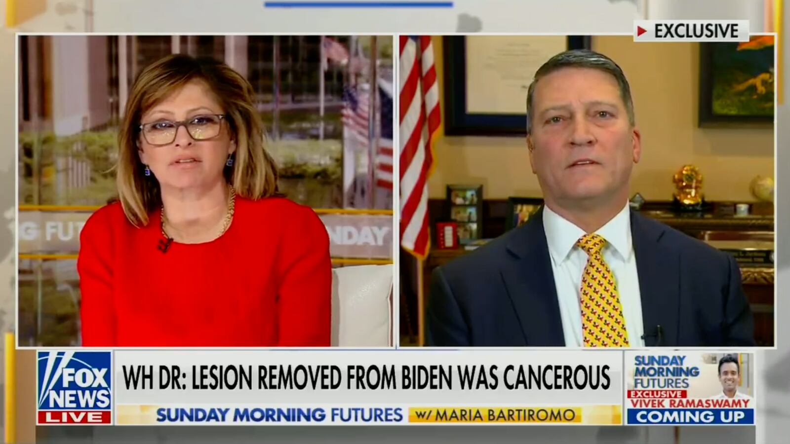 A screenshot of Fox News Sunday showing Maria Bartiromo and Ronny Jackson