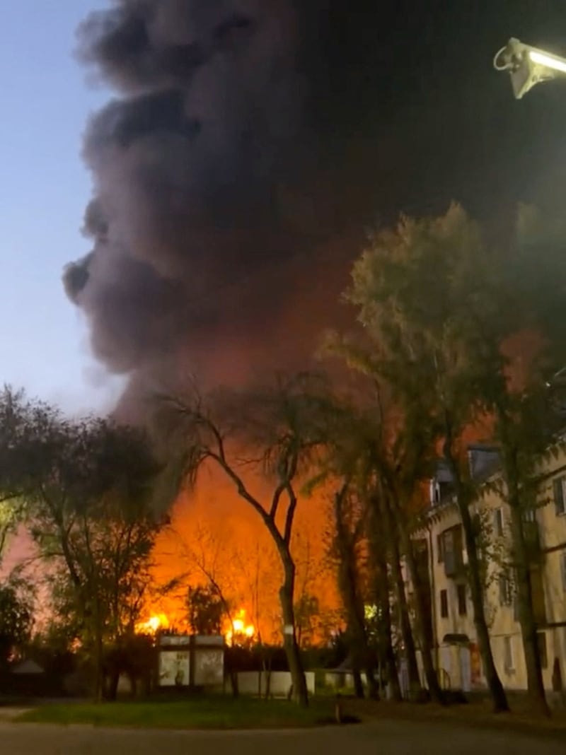 Smoke and flames rise from an oil refinery in Samara, Russia, September 22, 2026, in this screengrab obtained from a social media video.