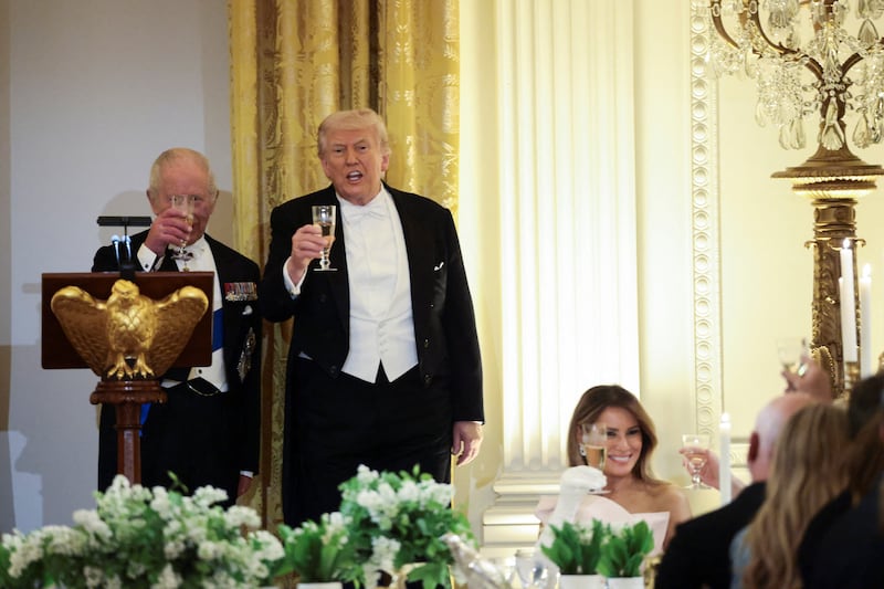 Britain's King Charles and U.S. President Donald Trump raise a toast during a state dinner for Britain's King Charles and Queen Camilla at the White House in Washington, D.C., U.S., April 28, 2026. REUTERS/Evelyn Hockstein