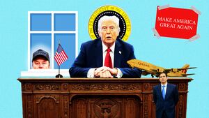 Donald Trump behind resolute desk, elon lookin in from window illustration