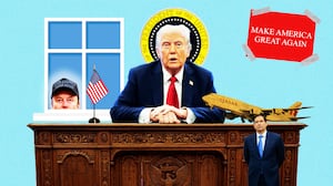 Donald Trump behind resolute desk, elon lookin in from window illustration