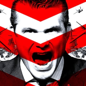 Pete Hegseth with fighter jets and aircraft carriers.