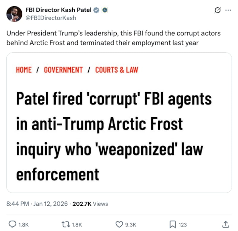 Patel bragged about firing "corrupt" FBI agents who investigated Trump.