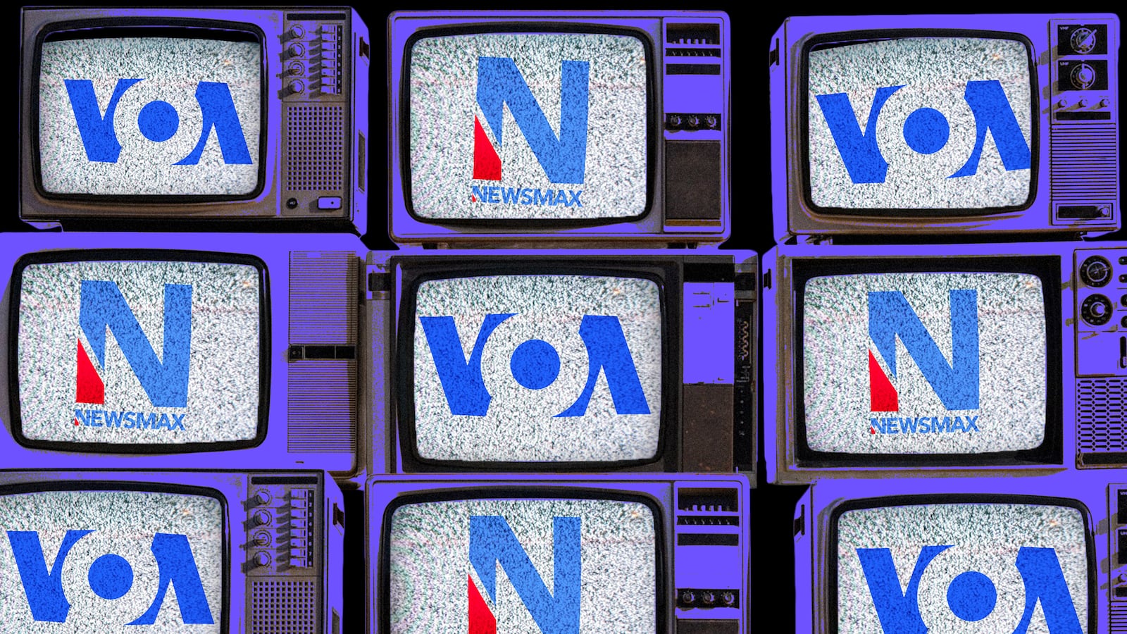 A photo illustration of Newsmax and Voice of America logos inside vintage television sets.