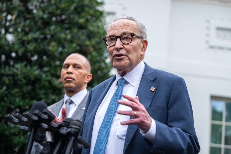 UNITED STATES - SEPTEMBER 29: Senate Minority Leader Charles Schumer, D-N.Y., right, and House Minority Leader Hakeem Jeffries, D-N.Y., conduct a news conference after a meeting with President Donald Trump, Speaker of the House Mike Johnson, R-La., Vice President JD Vance, and Senate Majority Leader John Thune, R-S.D., about avoiding a shutdown ahead of the deadline to fund the government, at the White House on Monday, September 29, 2025. (Tom Williams/CQ-Roll Call, Inc via Getty Images)