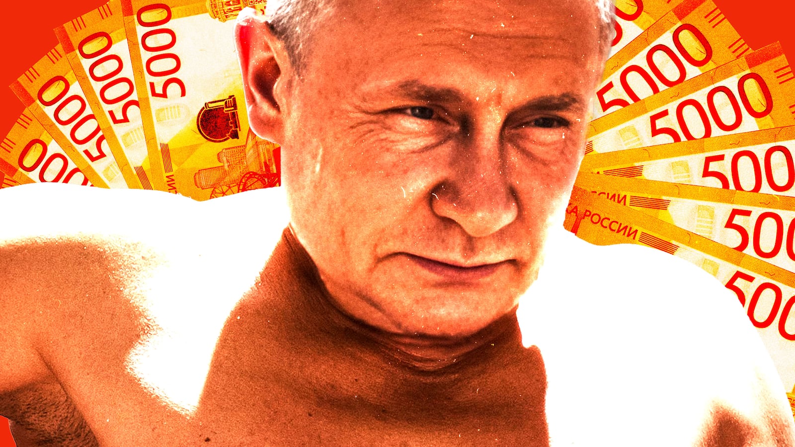 AI Vladimir Putin with 5000 rubles behind him