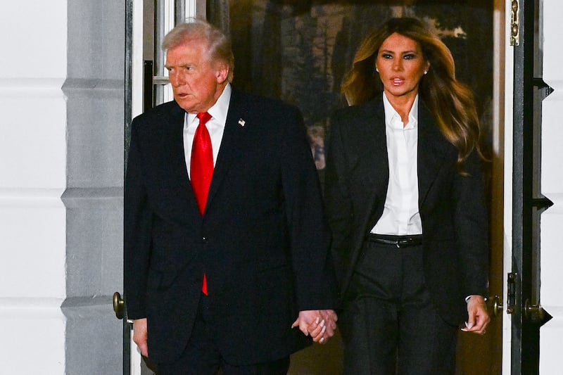 WASHINGTON, DC - FEBRUARY 24: U.S. President Donald Trump and first lady Melania Trump depart the White House on way to the U.S. Capitol to give his State of the Union address during a Joint Session of Congress on February 24, 2026, in Washington, DC. Trump delivered his address days after the Supreme Court struck down the administration's tariff strategy and amid a U.S. military buildup in the Persian Gulf threatening Iran. (Photo by Roberto Schmidt/Getty Images)