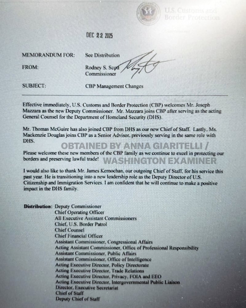 The memo announcing Mazzara's appointment at CBP, obtained by the Washington Examiner.