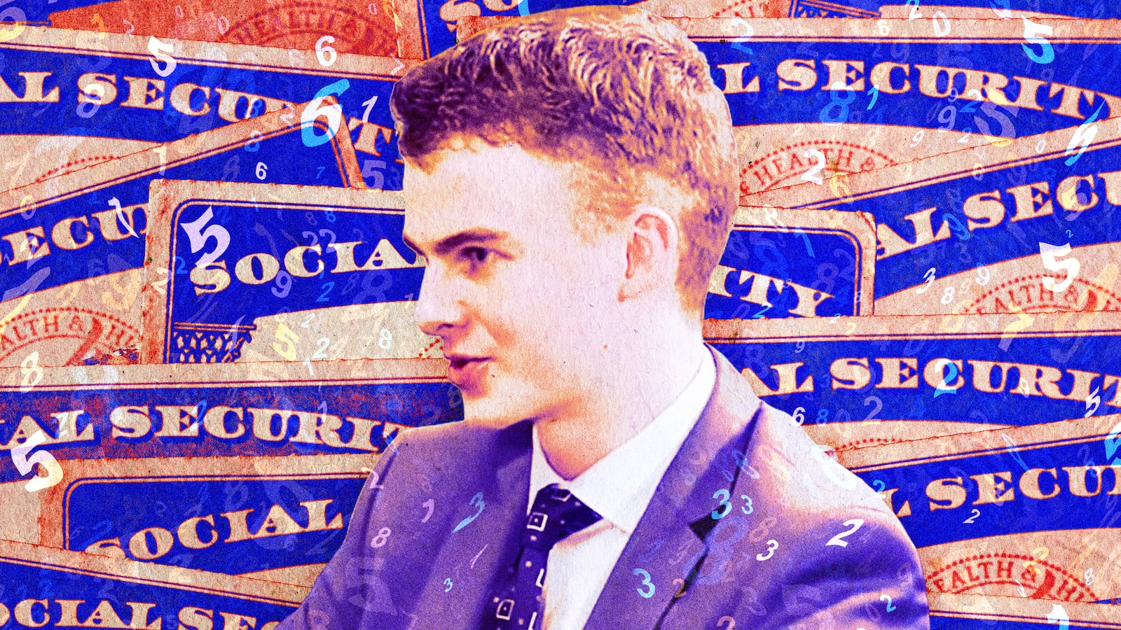 A photo illustration of Edward “Big Balls” Coristine on a background of Social Security cards and floating numbers.