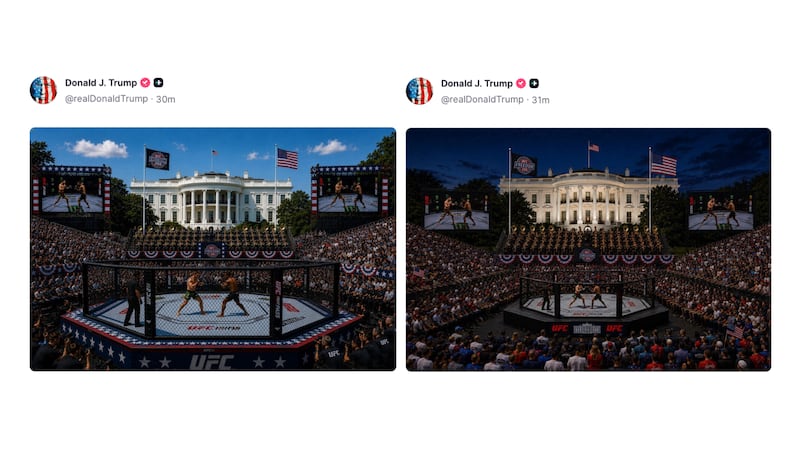 Trump shared two nearly identical AI renderings of a UFC octagon on the White House lawn—one during the day and another at night.