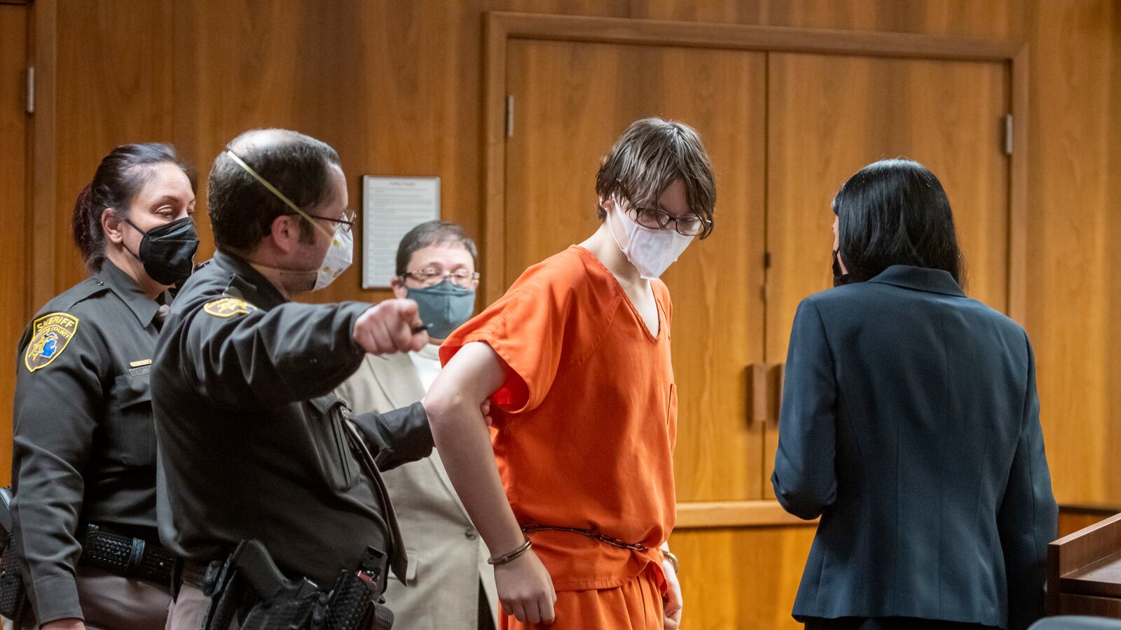 Ethan Crumbley is led away from the courtroom after a placement hearing at Oakland County Circuit Court on February 22, 2022 in Pontiac, Michigan.