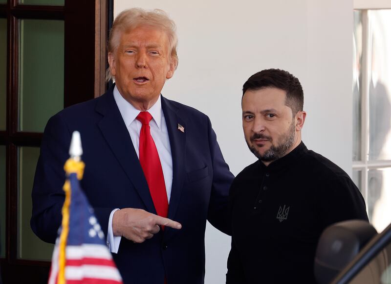 WASHINGTON, DC - FEBRUARY 28: (L-R) U.S. President Donald Trump greets Ukrainian President Volodymyr Zelensky as he arrives at the White House on February 28, 2025 in Washington, DC. Trump and Zelensky are meeting today to sign a preliminary agreement on sharing Ukraine’s mineral resources that Trump says will allow America to recoup aid provided to Kyiv while supporting Ukraine’s economy. (Photo by Chip Somodevilla/Getty Images)