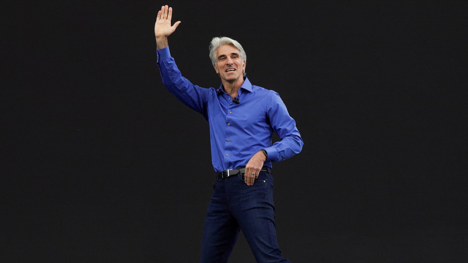 Craig Federighi gestures at Apple’s annual Worldwide Developers Conference at the company’s headquarters in Cupertino, California, June 5, 2023.