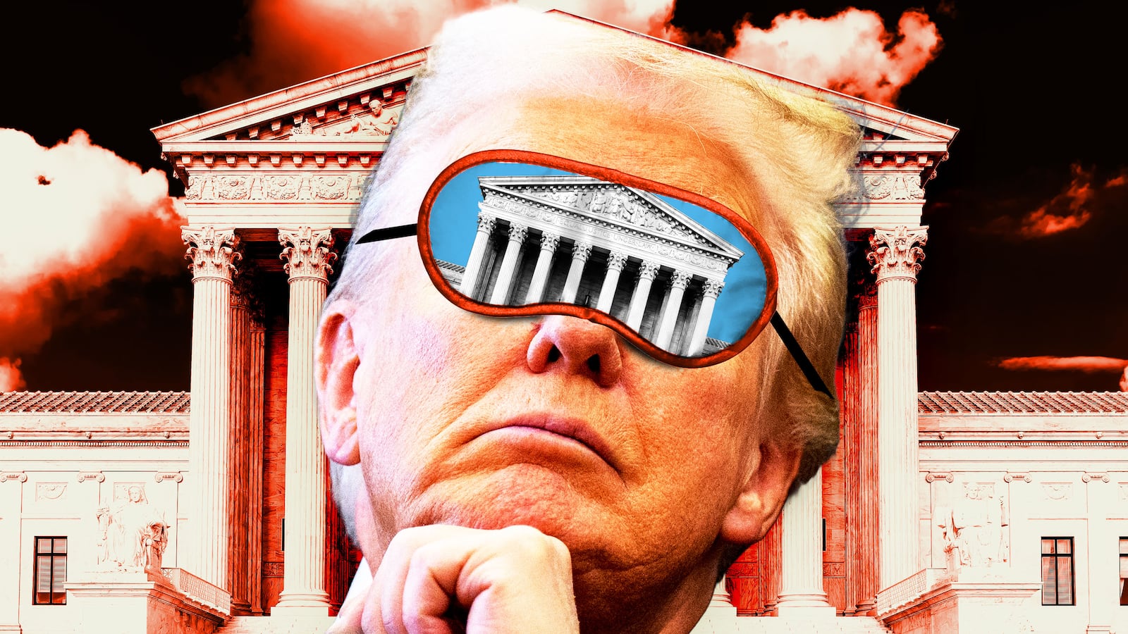 Donald Trump in front of the Supreme Court wearing a sleep mask