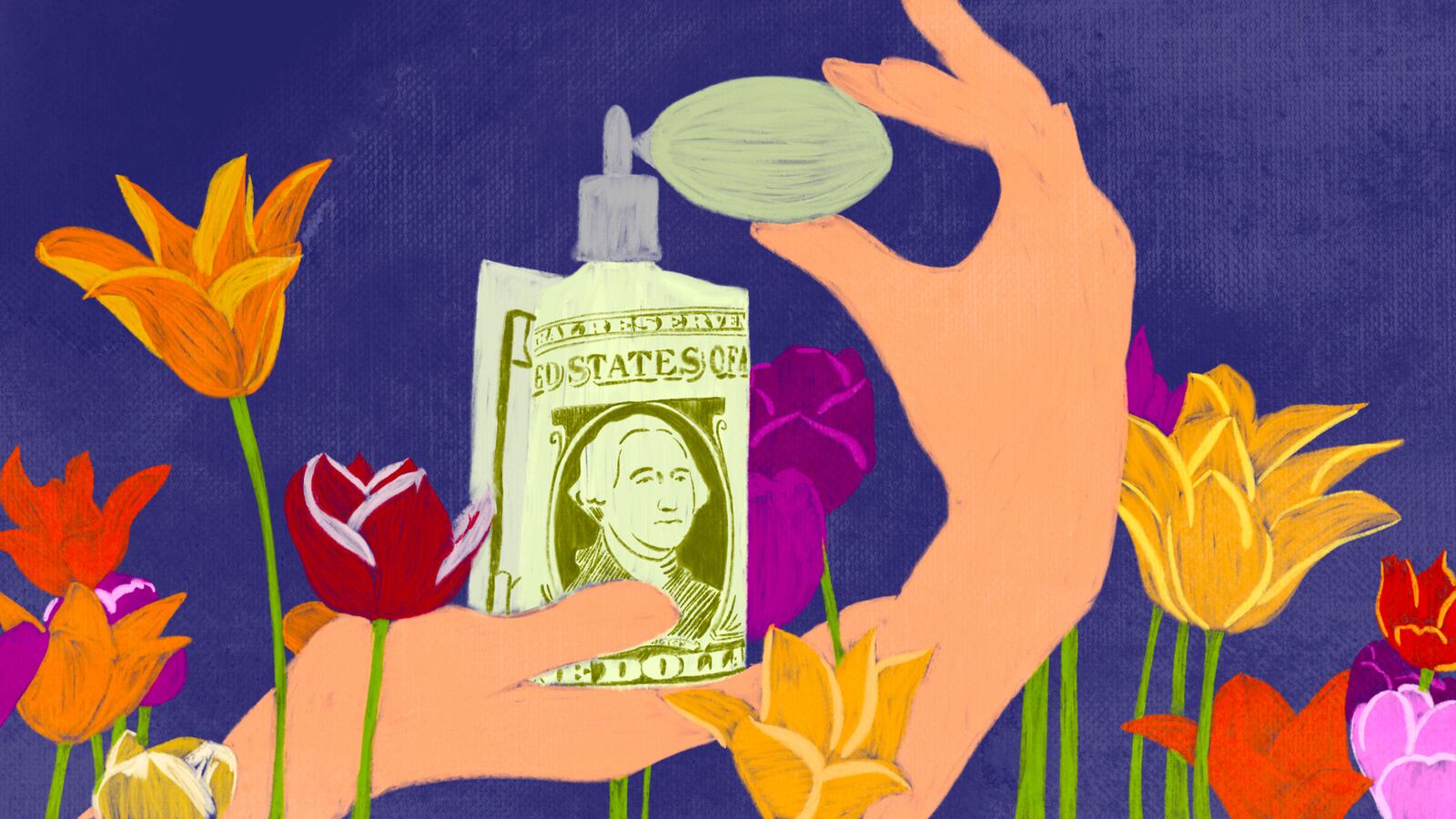 Illustration of flowers and a person spraying a bottle of perfume made out of a dollar bill