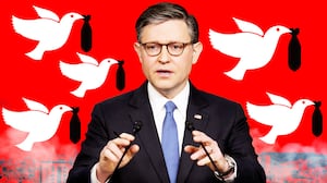 A photo illustration of Speaker Mike Johnson in front of doves carrying bombs.