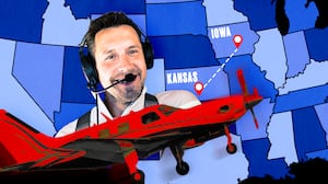 A photo illustration of Republican candidate for Iowa governor Zach Lahn flying in a Piper Meridian.