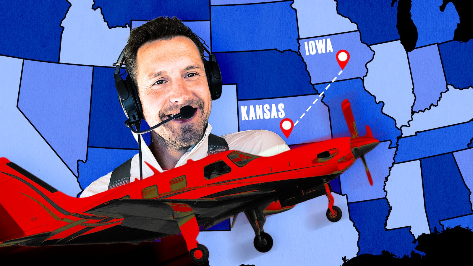 A photo illustration of Republican candidate for Iowa governor Zach Lahn flying in a Piper Meridian.