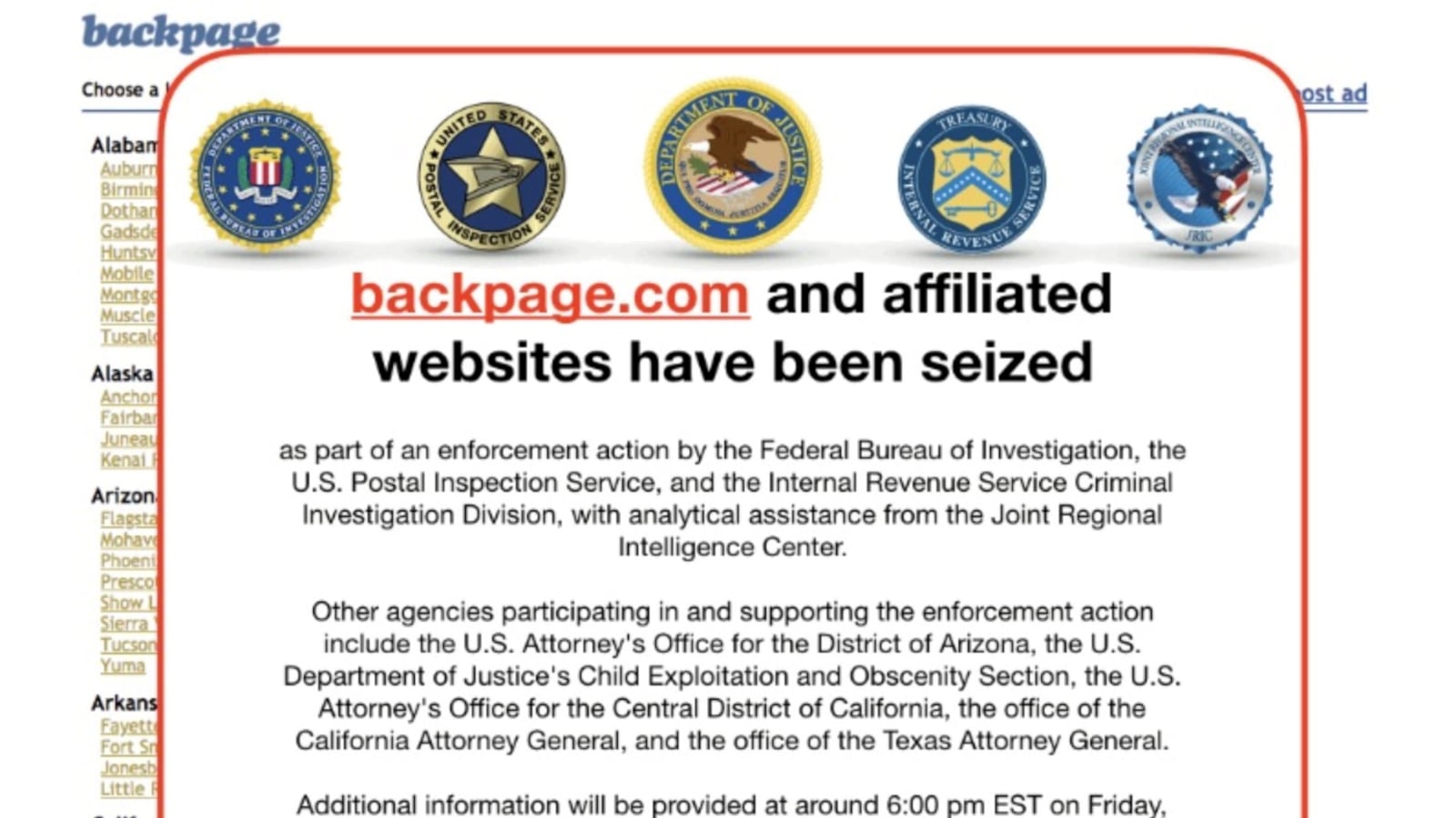 An image of the current homepage of the website backpage.com shows logos of U.S. law enforcement agencies after they seized the sex marketplace site April 6, 2018.